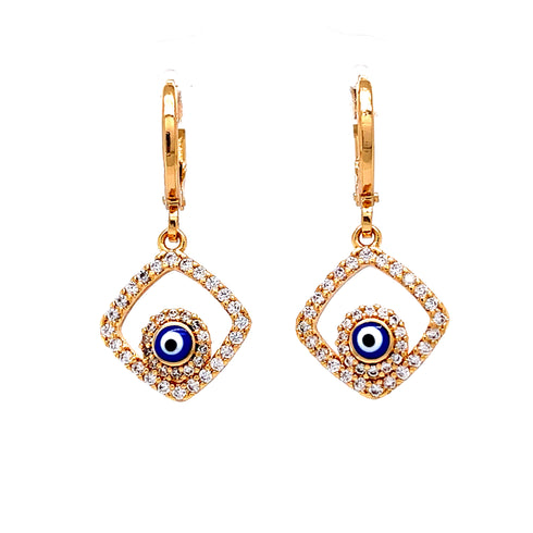 The Blue Evil Eye Zirconia Stones Dangle Huggies Earrings, rose gold filled, showcase a square frame design with a central blue evil eye motif for spiritual protection. The squares are embellished with small crystals and feature latch back closures, set against a plain white background.
